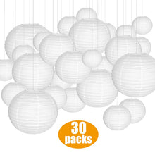 Load image into Gallery viewer, 30 pcs White Paper Lanterns/Led Lights Assorted Sizes of 4"-14" Chinese Lampion for Weddings Baby Shower Xmas Parties and Events