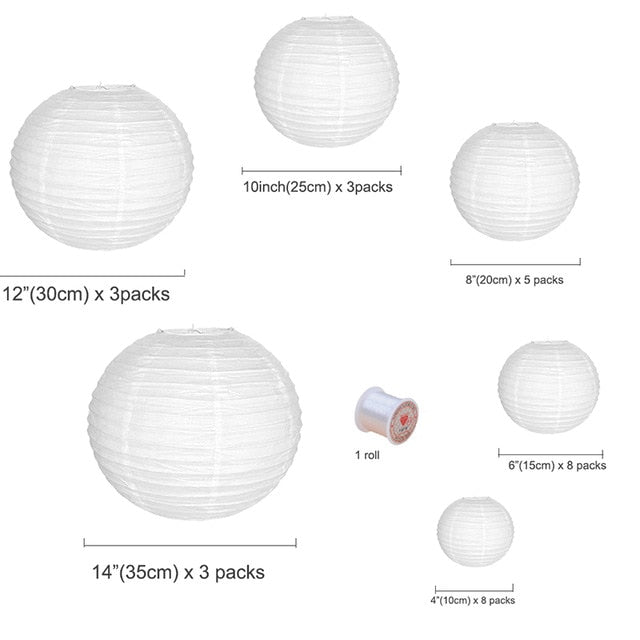 30 pcs White Paper Lanterns/Led Lights Assorted Sizes of 4