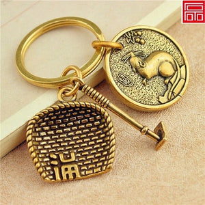 Handmade Chinese style pure brass keychain pendant accessories creative personality retro dustpan car key pendant